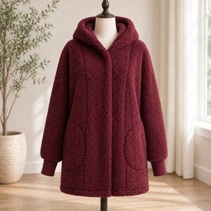 Jill Martin Wine Glass Sherpa Hooded Cardigan Burgundy Red M/L Oversized‎ Cozy